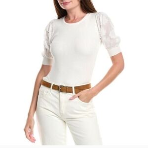 T Tahari White/ Light Cream Top with Sheer Puff Sleeves.